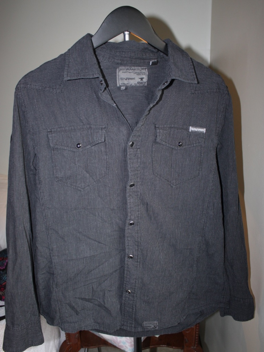 Undercurrent Mens Charcoal Pinstripe Pearl Snap Front Long Sleeve Shirt Size S
